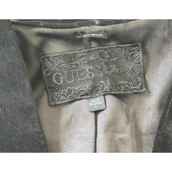 Guess Black Velvet Lapel Faux Leather Look Blazer Womens L Fitted Jacket Stretch - Picture 6 of 8